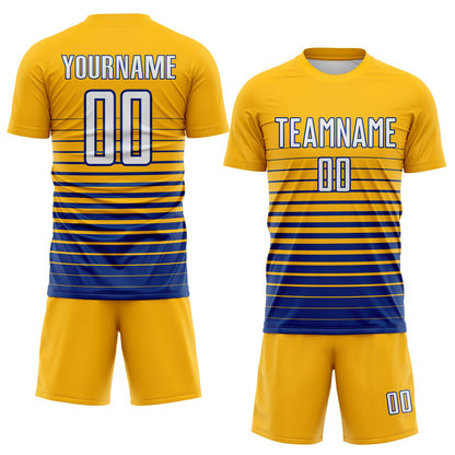 Custom Gold White-Royal Gradient Pinstripe Sublimation Soccer Uniform Jersey view 2