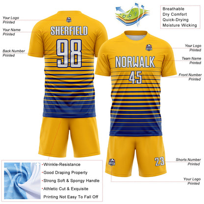 Custom Gold White-Royal Gradient Pinstripe Sublimation Soccer Uniform Jersey view 4