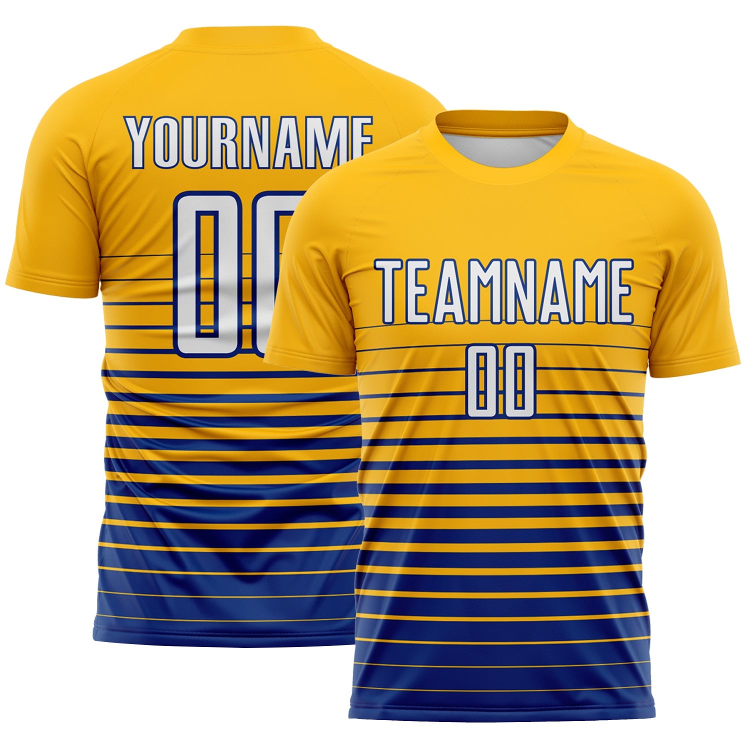 Custom Gold White-Royal Gradient Pinstripe Sublimation Soccer Uniform Jersey - Main View