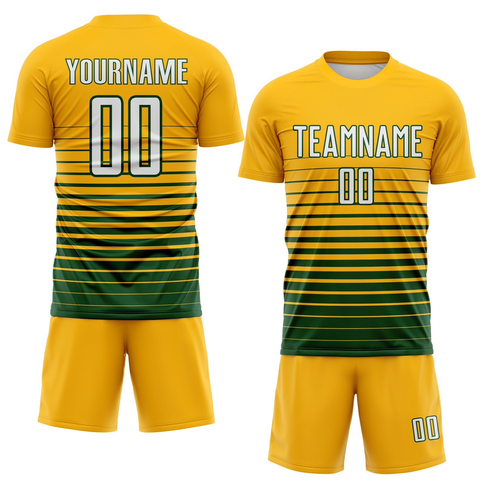 Custom Gold White-Green Gradient Pinstripe Sublimation Soccer Uniform Jersey view 2