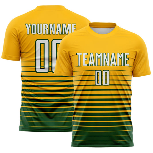 Custom Gold White-Green Gradient Pinstripe Sublimation Soccer Uniform Jersey - Main View