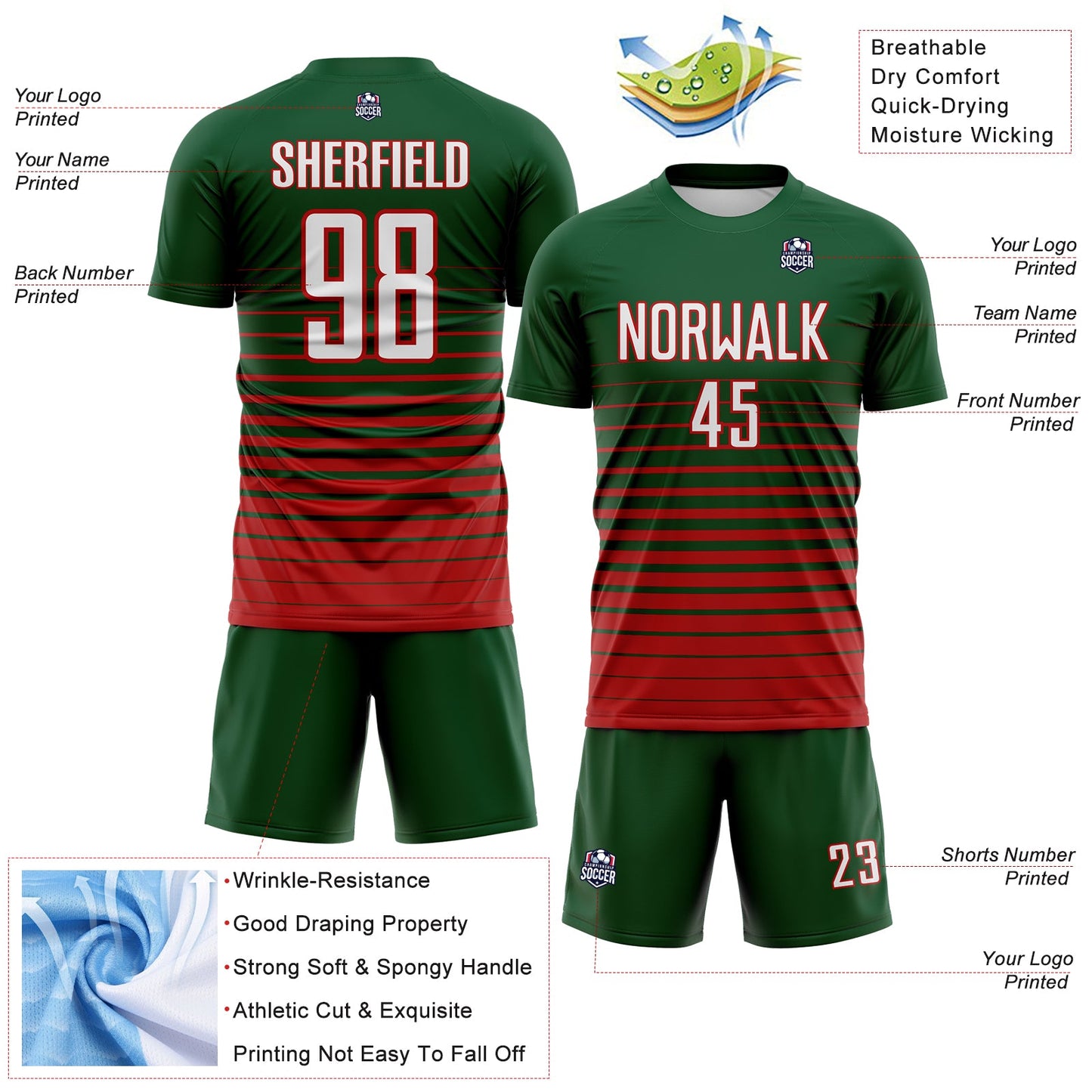 Custom Green White-Red Gradient Pinstripe Sublimation Soccer Uniform Jersey view 4