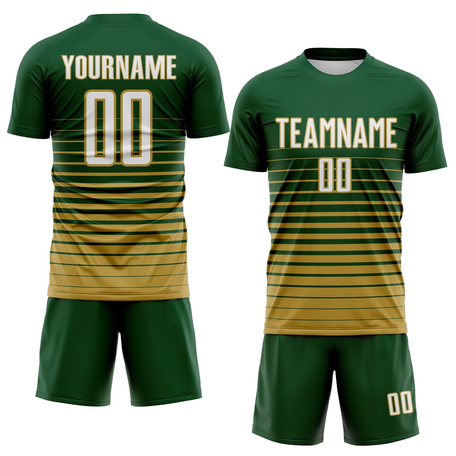 Custom Green White-Old Gold Gradient Pinstripe Sublimation Soccer Uniform Jersey view 2