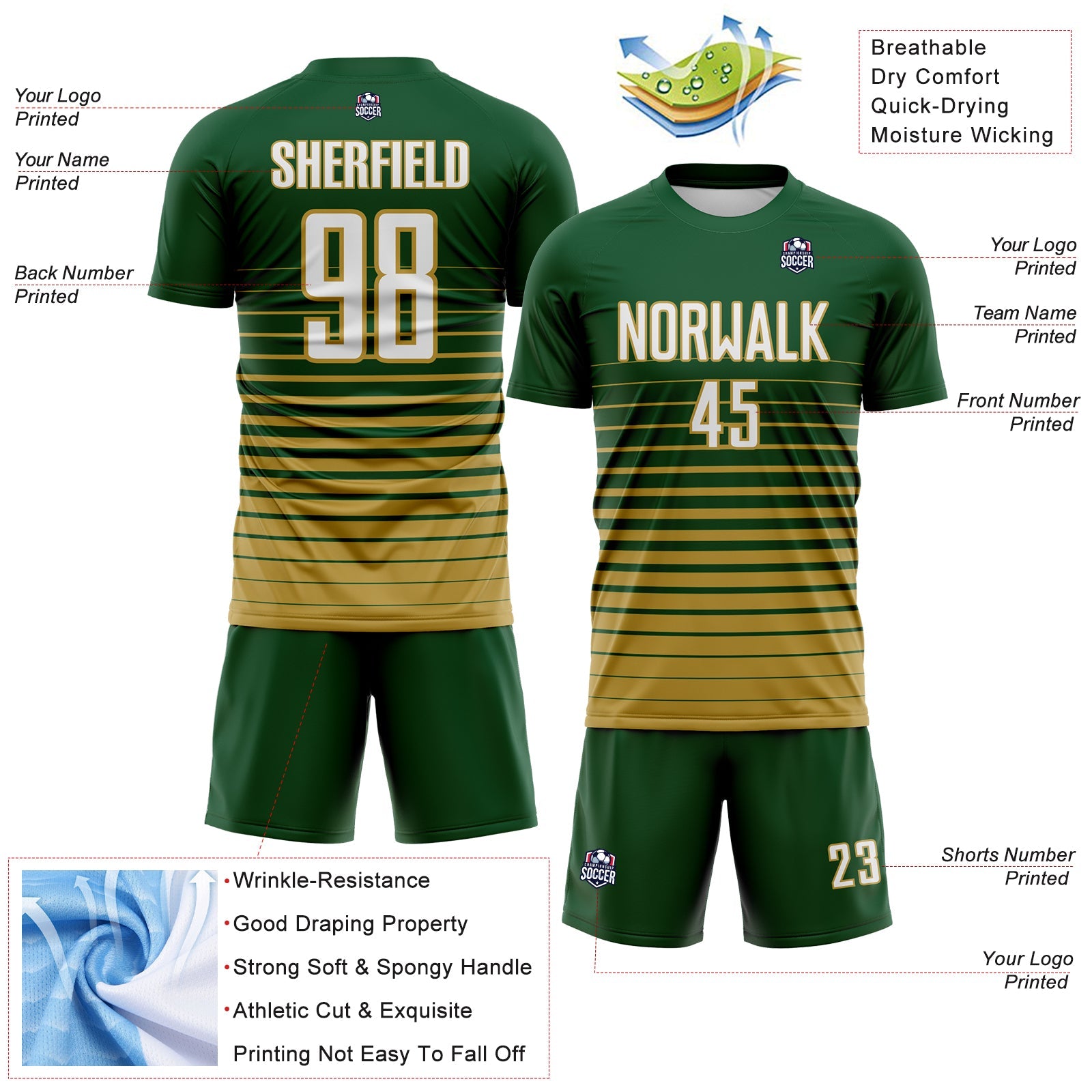 Custom Green White-Old Gold Gradient Pinstripe Sublimation Soccer Uniform Jersey view 4