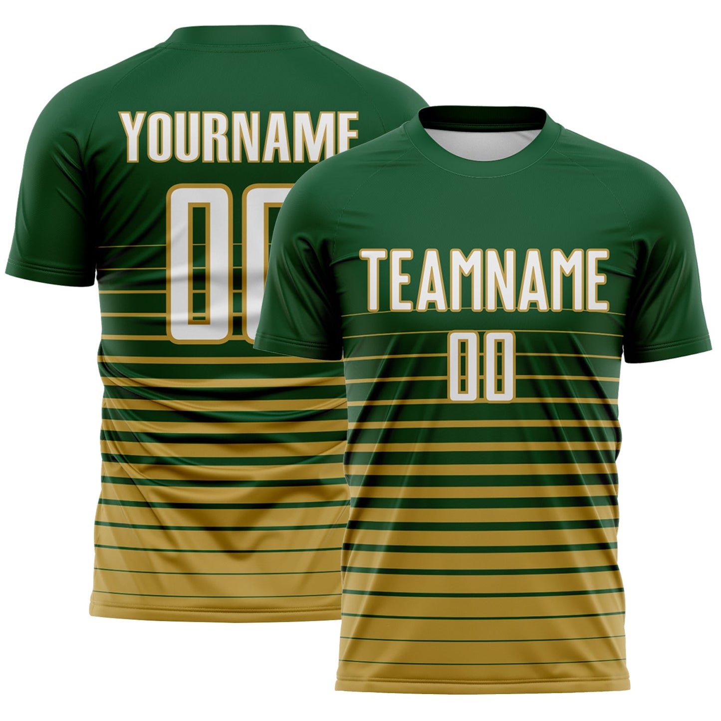 Custom Green White-Old Gold Gradient Pinstripe Sublimation Soccer Uniform Jersey - Main View