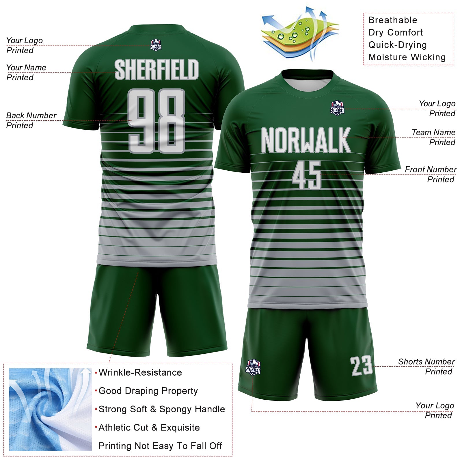 Custom Green White-Gray Gradient Pinstripe Sublimation Soccer Uniform Jersey view 4