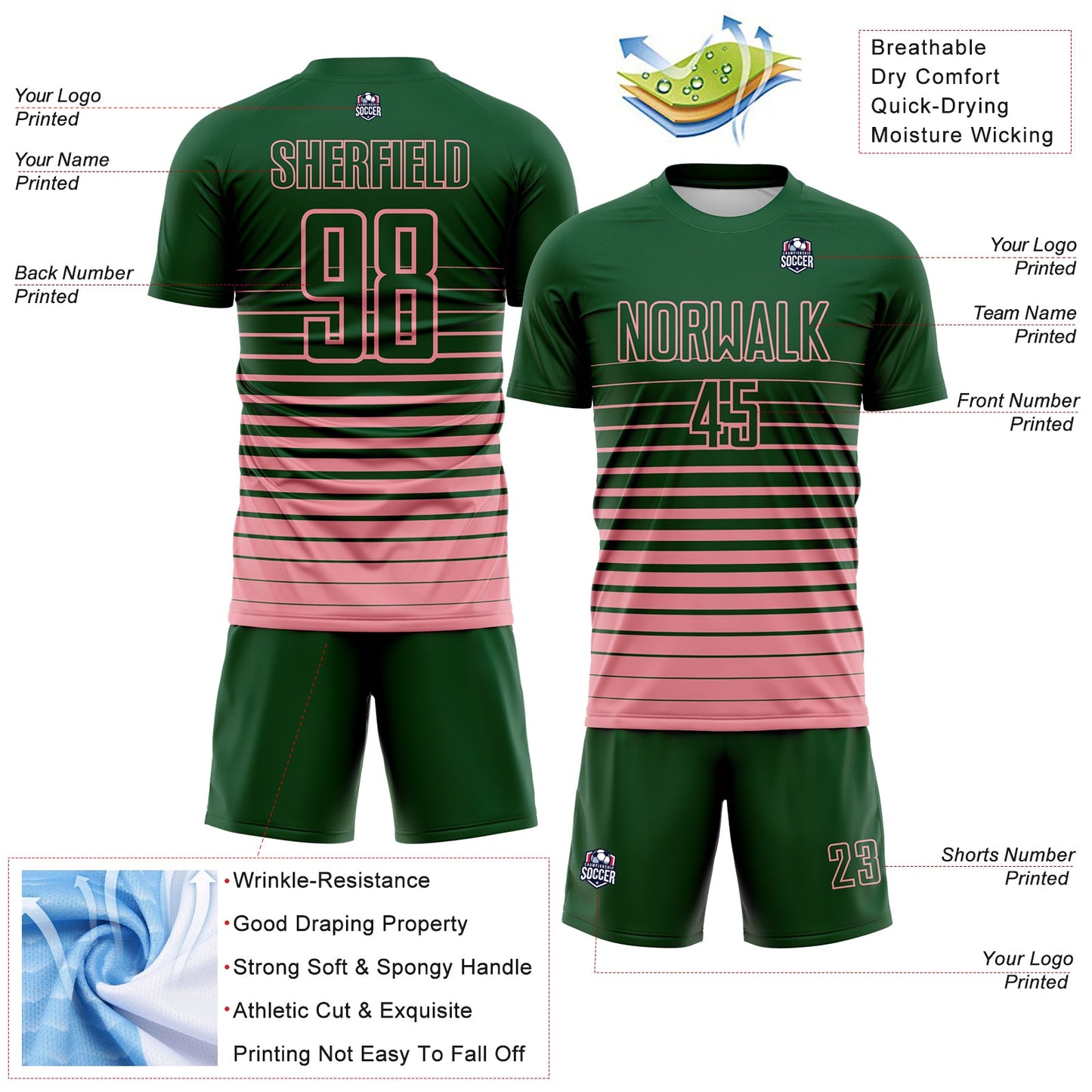Custom Green Medium Pink Gradient Pinstripe Sublimation Soccer Uniform Jersey view 4