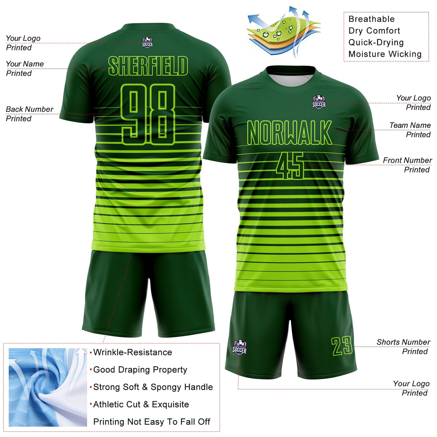 Custom Green Neon Green Gradient Pinstripe Sublimation Soccer Uniform Jersey view 4