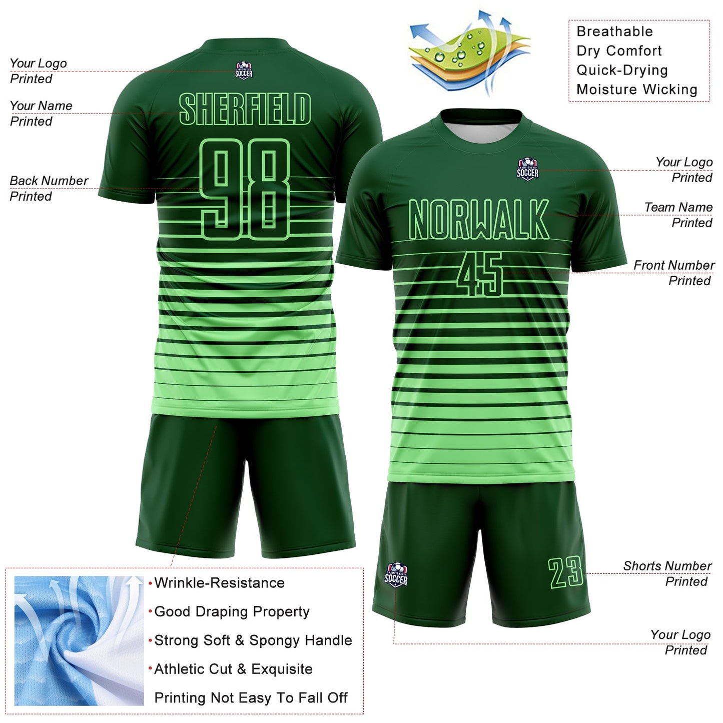 Custom Green Pea Green Gradient Pinstripe Sublimation Soccer Uniform Jersey view 4