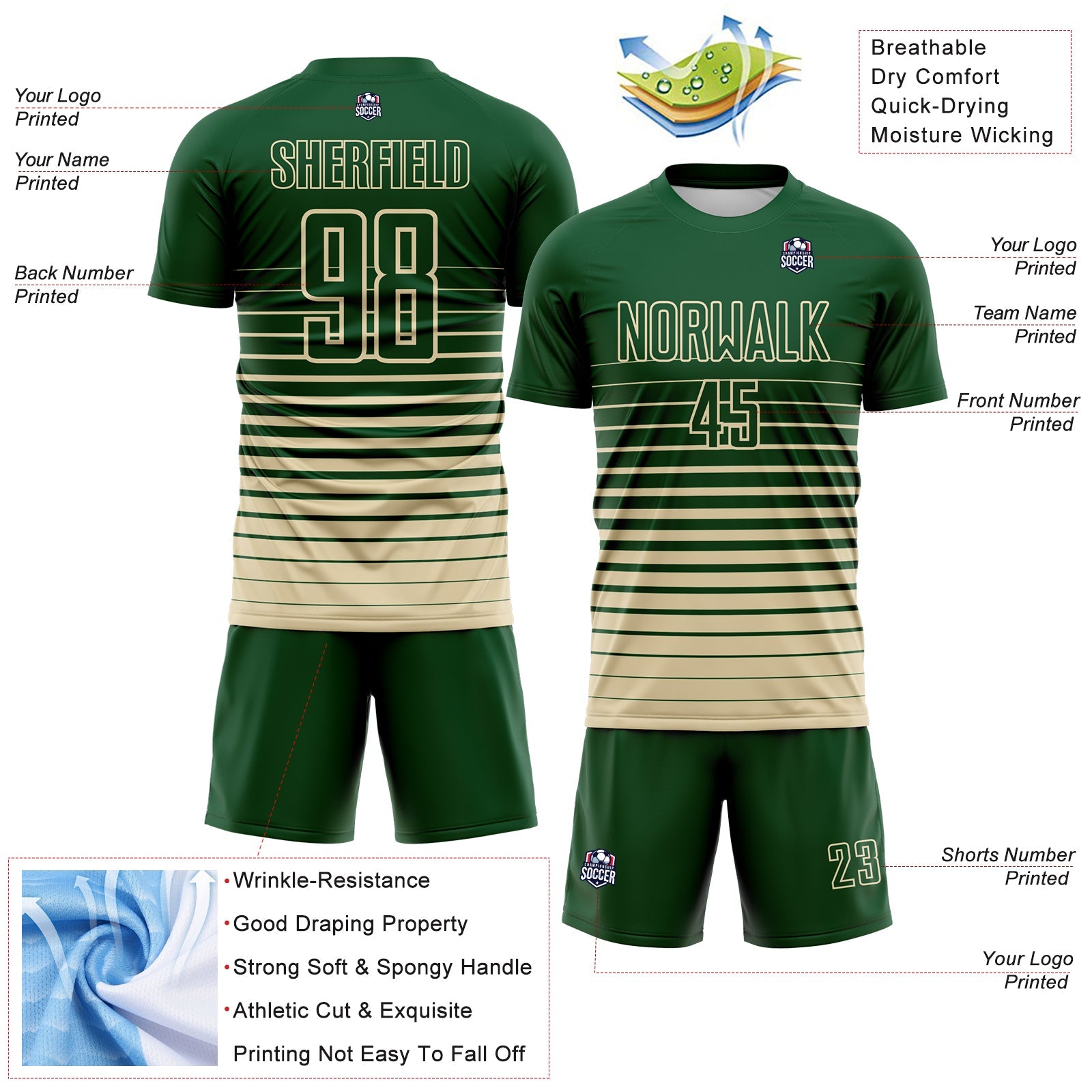 Custom Green Cream Gradient Pinstripe Sublimation Soccer Uniform Jersey view 4