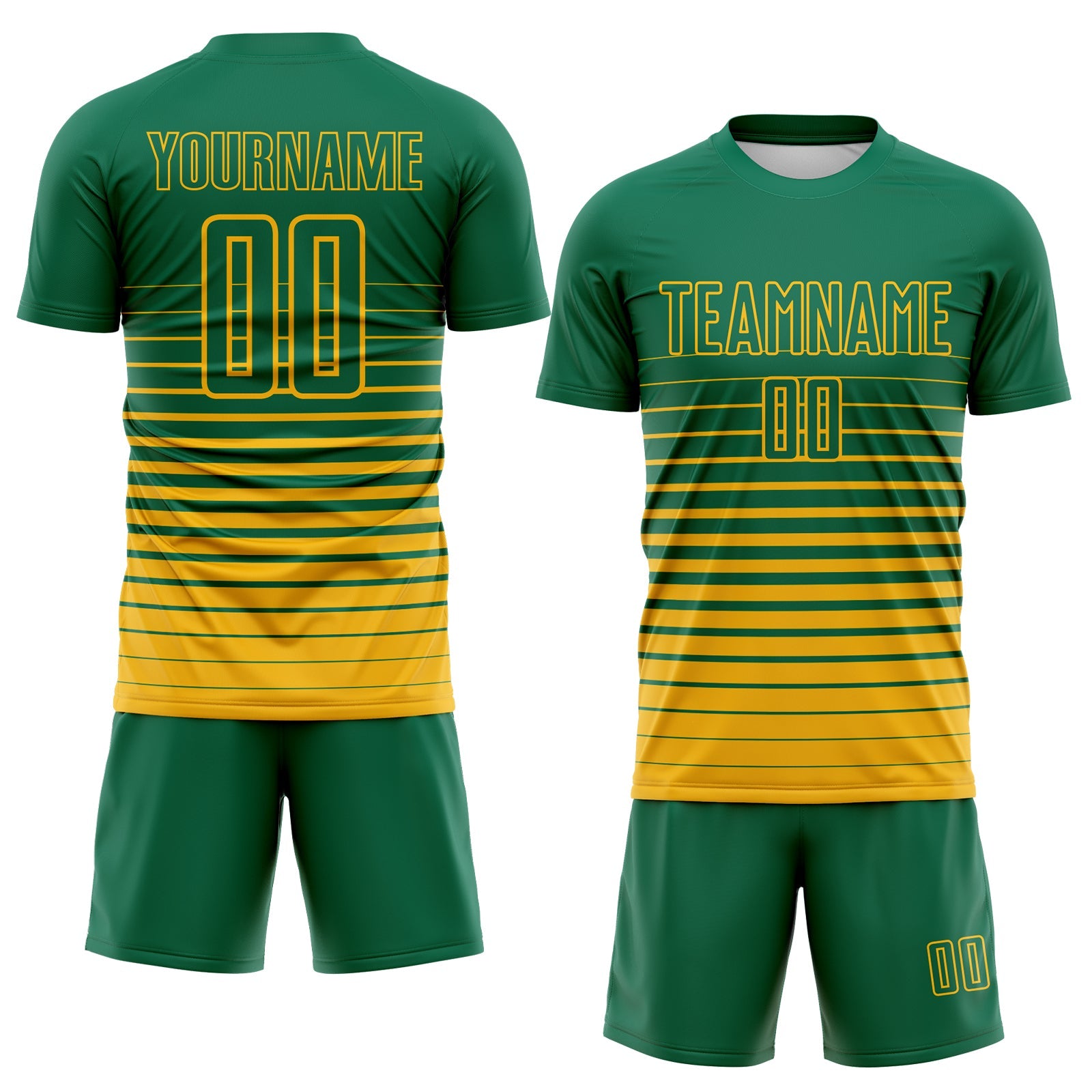 Custom Kelly Green Gold Gradient Pinstripe Sublimation Soccer Uniform Jersey view 2
