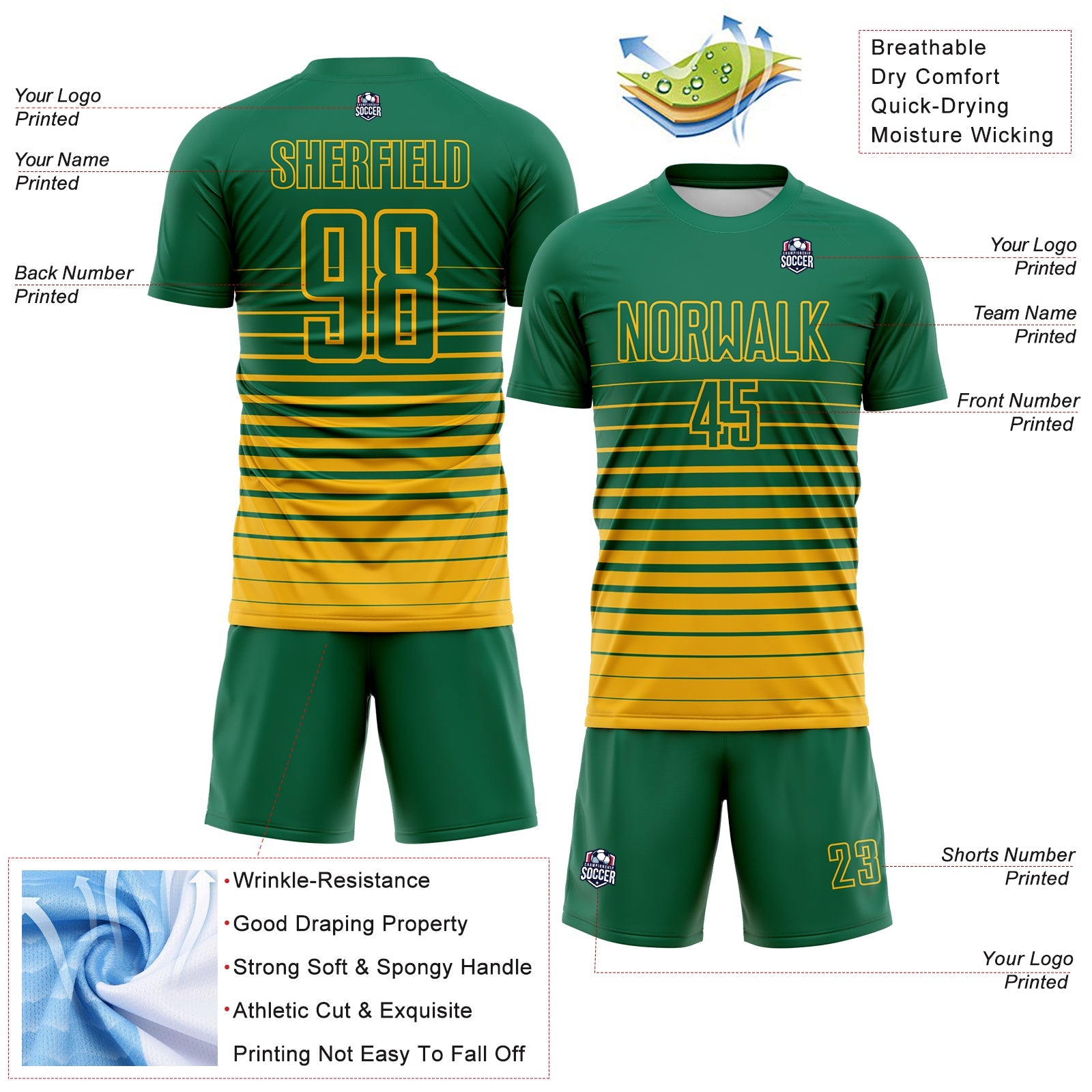 Custom Kelly Green Gold Gradient Pinstripe Sublimation Soccer Uniform Jersey view 4