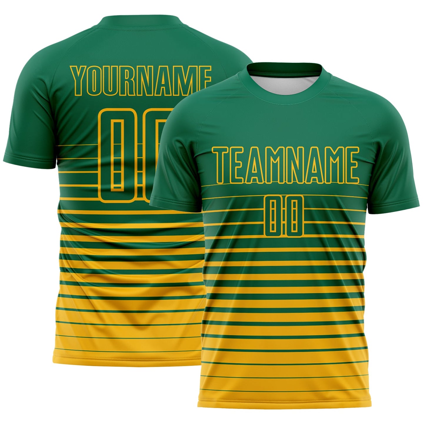 Custom Kelly Green Gold Gradient Pinstripe Sublimation Soccer Uniform Jersey - Main View