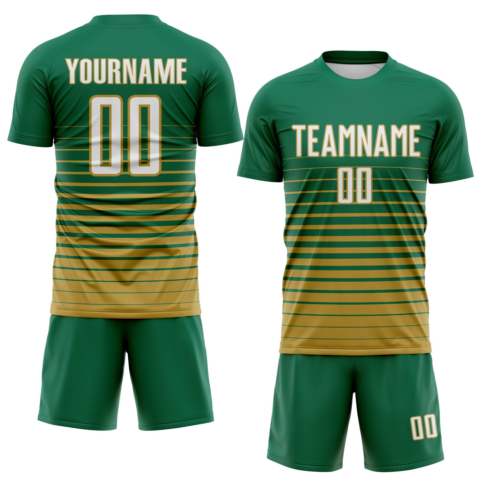 Custom Kelly Green White-Old Gold Gradient Pinstripe Sublimation Soccer Uniform Jersey view 2