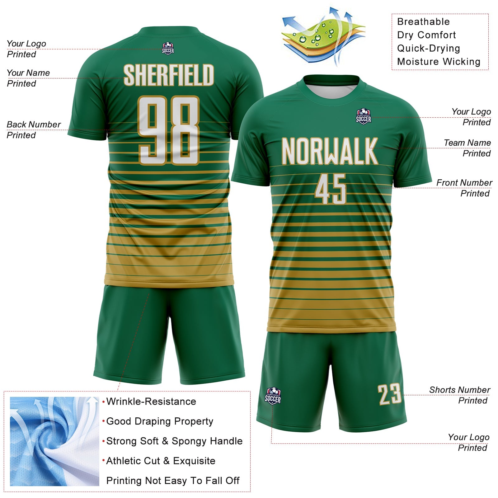 Custom Kelly Green White-Old Gold Gradient Pinstripe Sublimation Soccer Uniform Jersey view 4