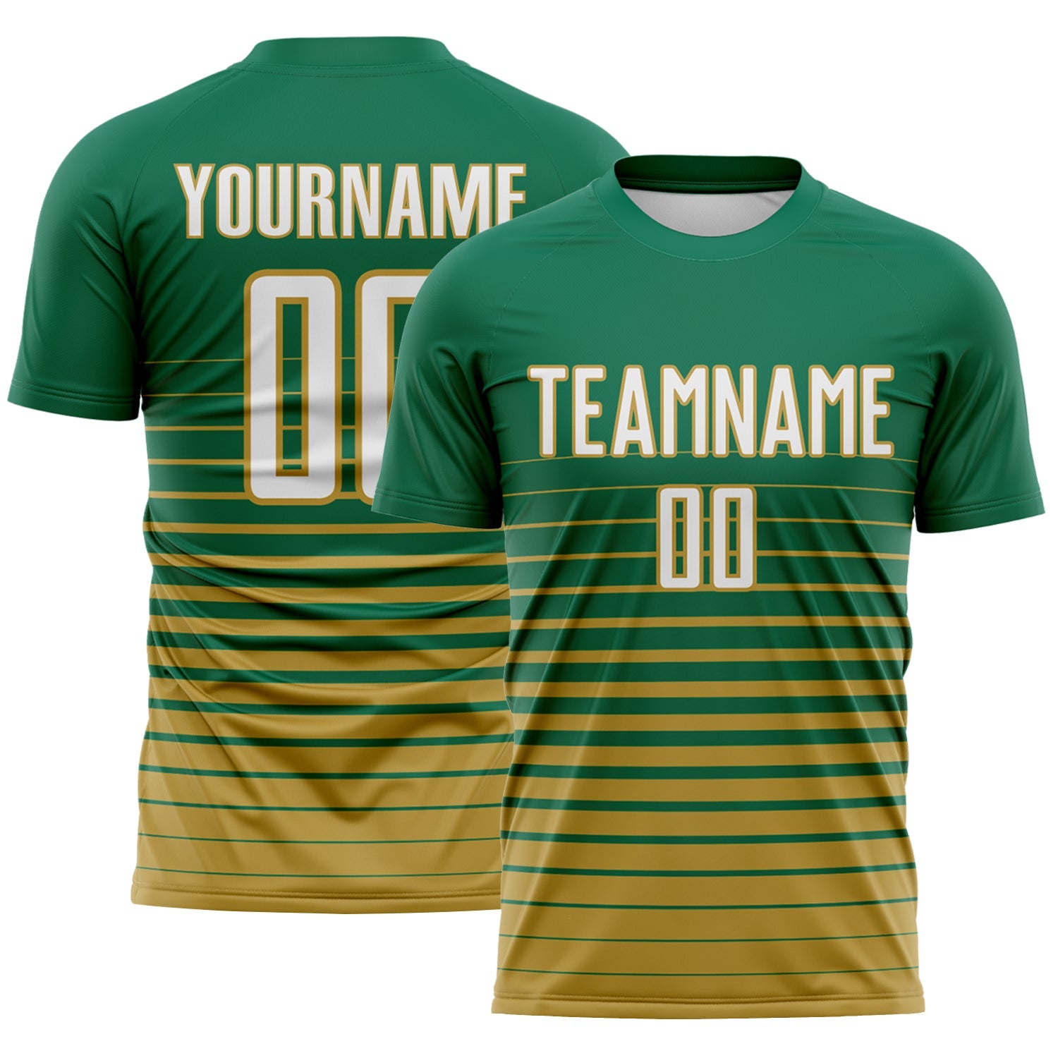 Custom Kelly Green White-Old Gold Gradient Pinstripe Sublimation Soccer Uniform Jersey - Main View