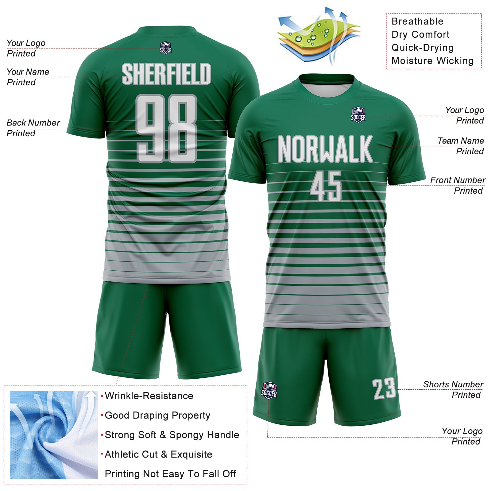 Custom Kelly Green White-Gray Gradient Pinstripe Sublimation Soccer Uniform Jersey view 4