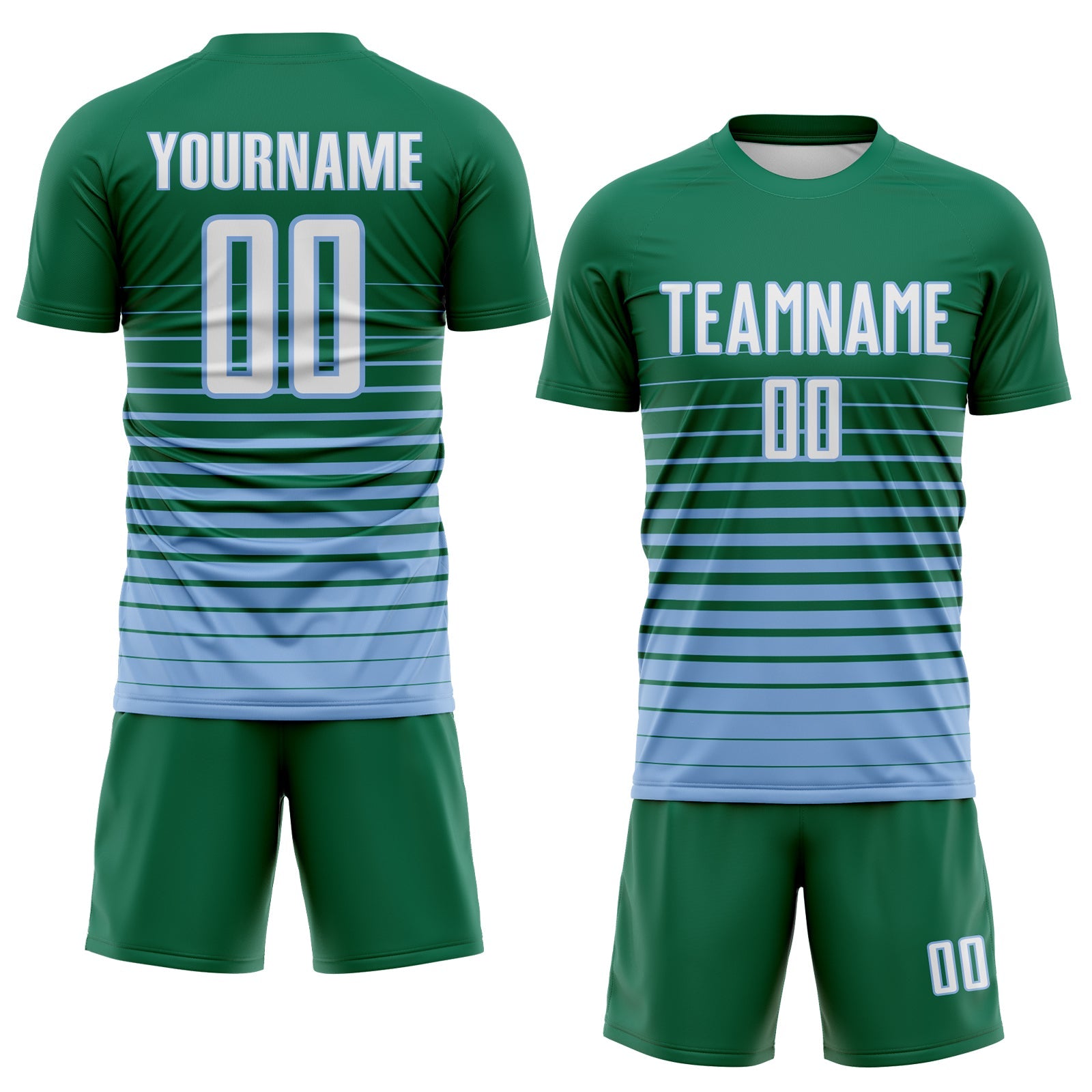 Custom Kelly Green White-Light Blue Gradient Pinstripe Sublimation Soccer Uniform Jersey view 2
