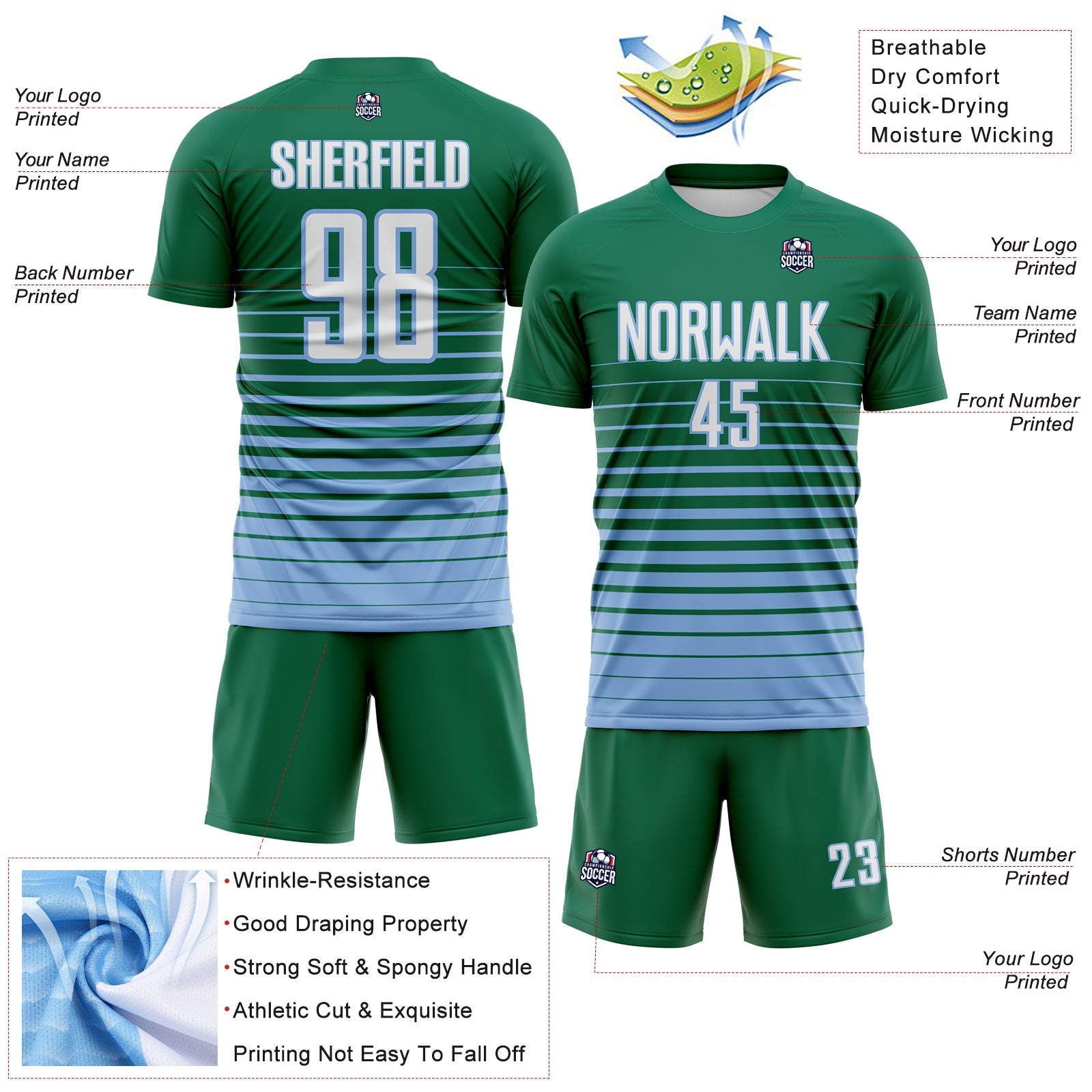 Custom Kelly Green White-Light Blue Gradient Pinstripe Sublimation Soccer Uniform Jersey view 4