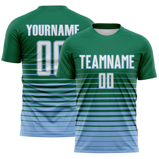 Custom Kelly Green White-Light Blue Gradient Pinstripe Sublimation Soccer Uniform Jersey - Main View
