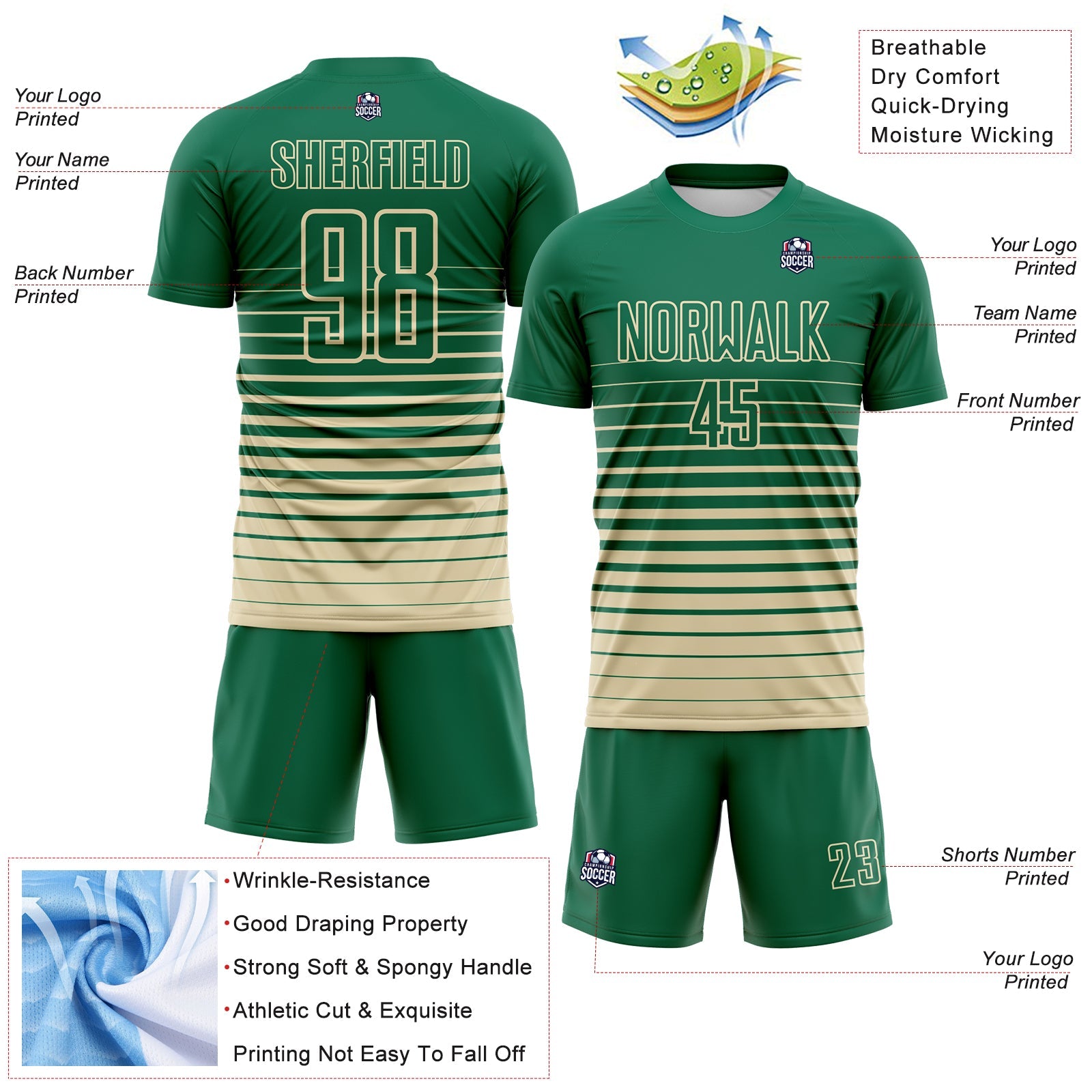 Custom Kelly Green Cream Gradient Pinstripe Sublimation Soccer Uniform Jersey view 4