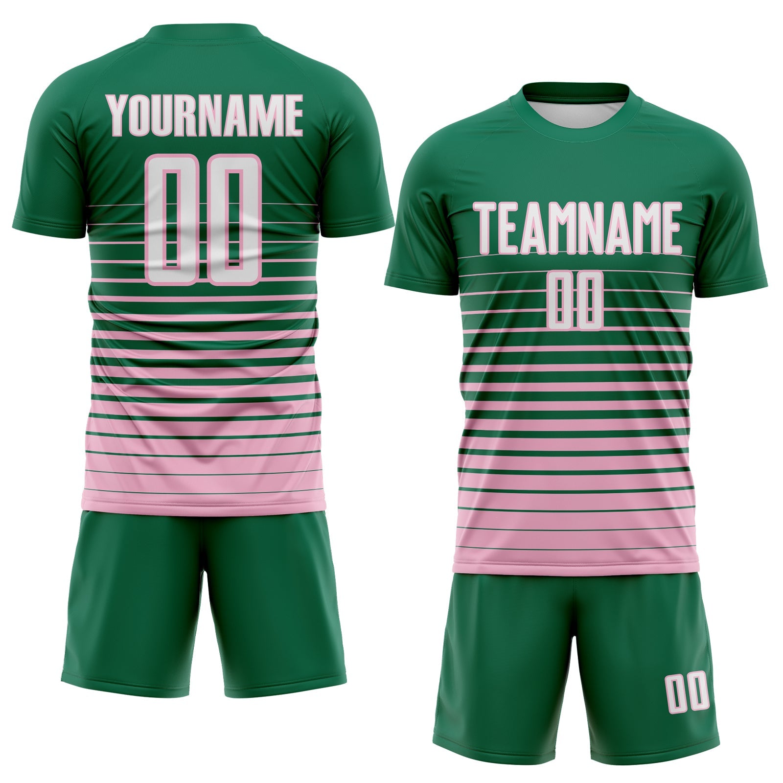 Custom Kelly Green White-Light Pink Gradient Pinstripe Sublimation Soccer Uniform Jersey view 2
