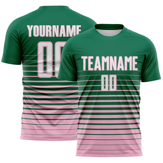 Custom Kelly Green White-Light Pink Gradient Pinstripe Sublimation Soccer Uniform Jersey - Main View