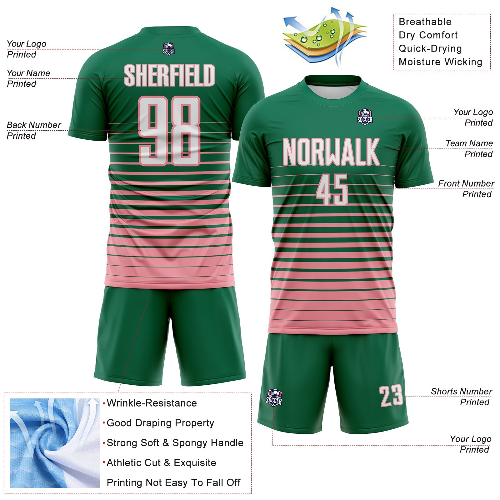 Custom Kelly Green White-Medium Pink Gradient Pinstripe Sublimation Soccer Uniform Jersey view 4