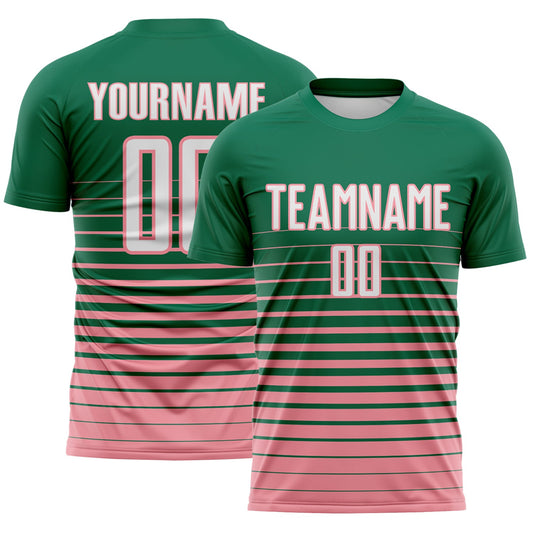 Custom Kelly Green White-Medium Pink Gradient Pinstripe Sublimation Soccer Uniform Jersey - Main View
