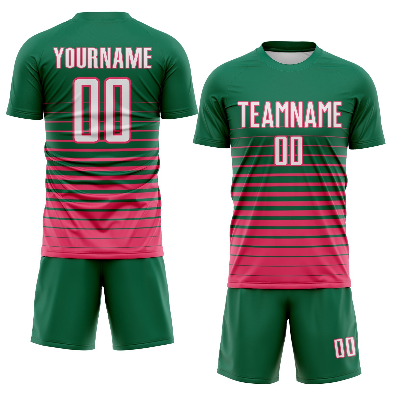 Custom Kelly Green White-Neon Pink Gradient Pinstripe Sublimation Soccer Uniform Jersey view 2