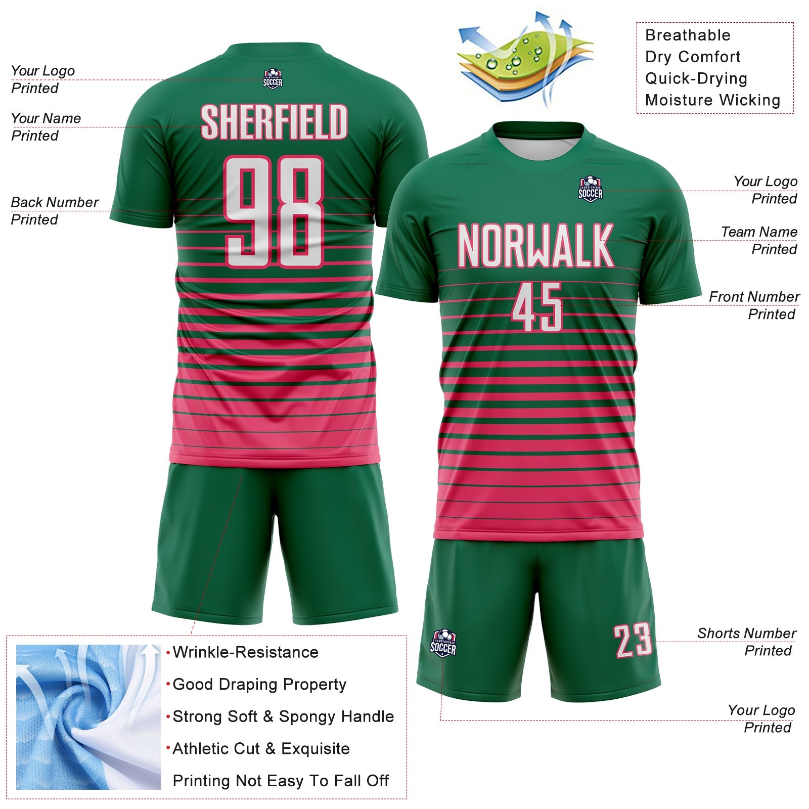 Custom Kelly Green White-Neon Pink Gradient Pinstripe Sublimation Soccer Uniform Jersey view 4