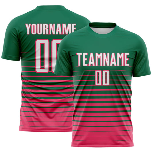 Custom Kelly Green White-Neon Pink Gradient Pinstripe Sublimation Soccer Uniform Jersey - Main View