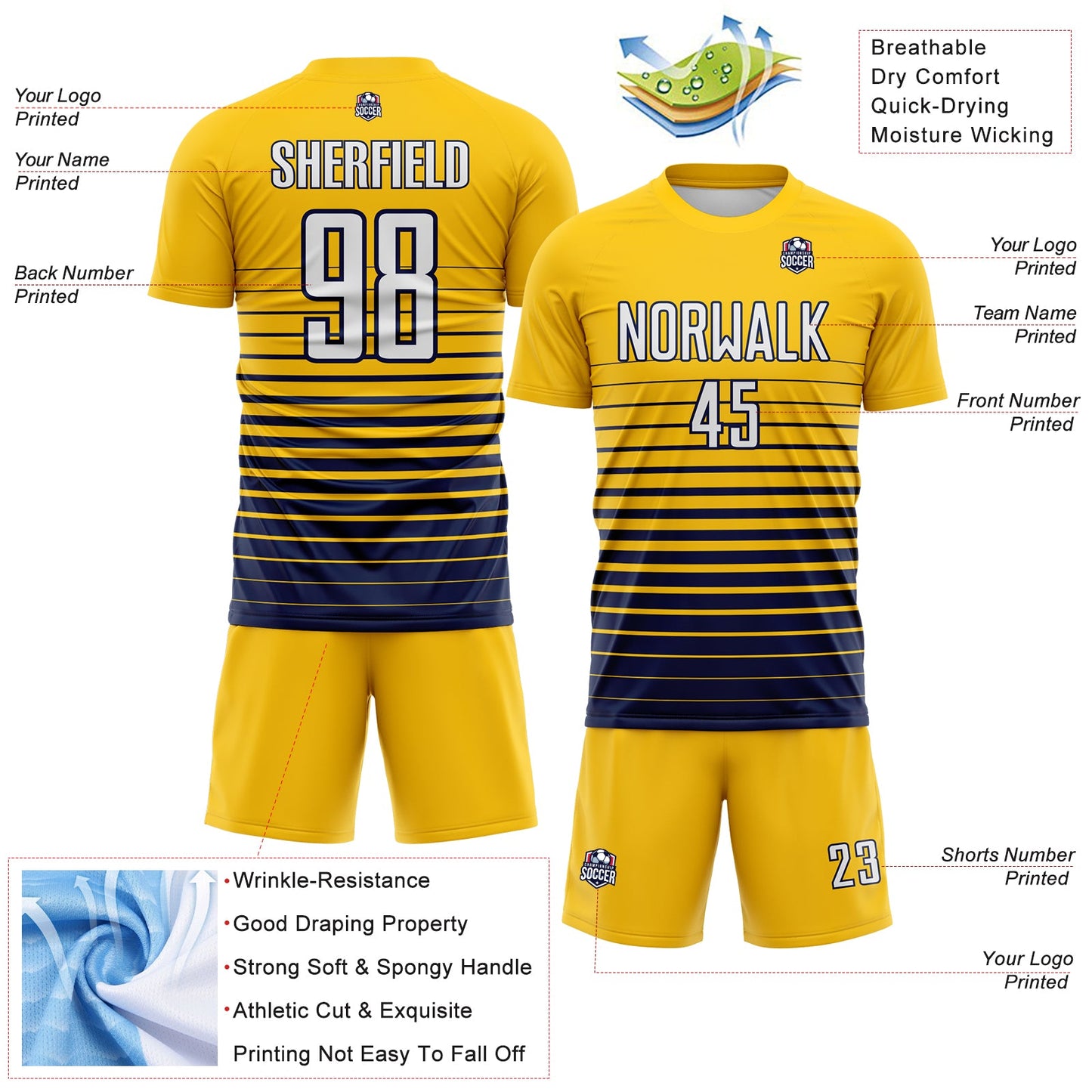 Custom Yellow White-Navy Gradient Pinstripe Sublimation Soccer Uniform Jersey view 4
