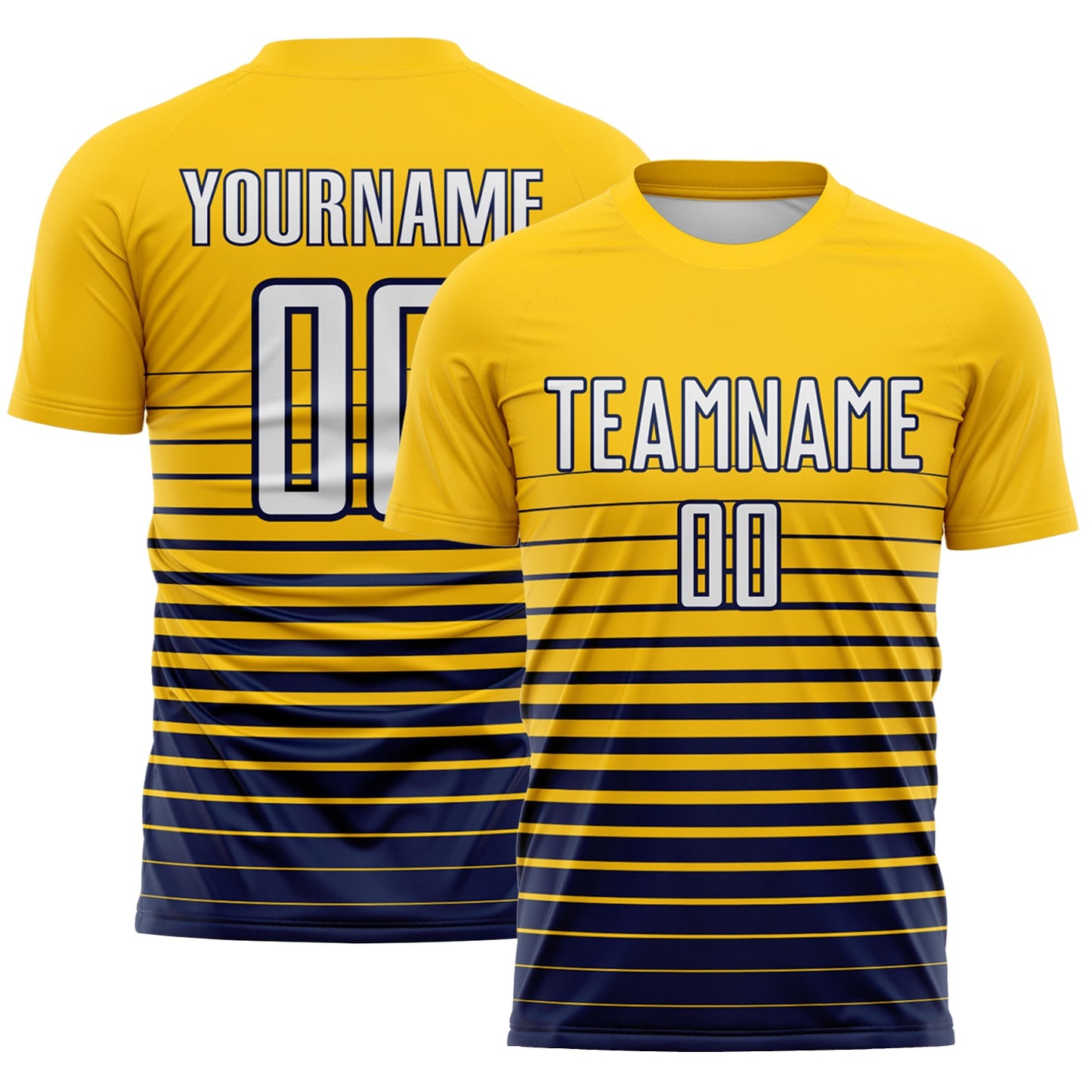 Custom Yellow White-Navy Gradient Pinstripe Sublimation Soccer Uniform Jersey - Main View