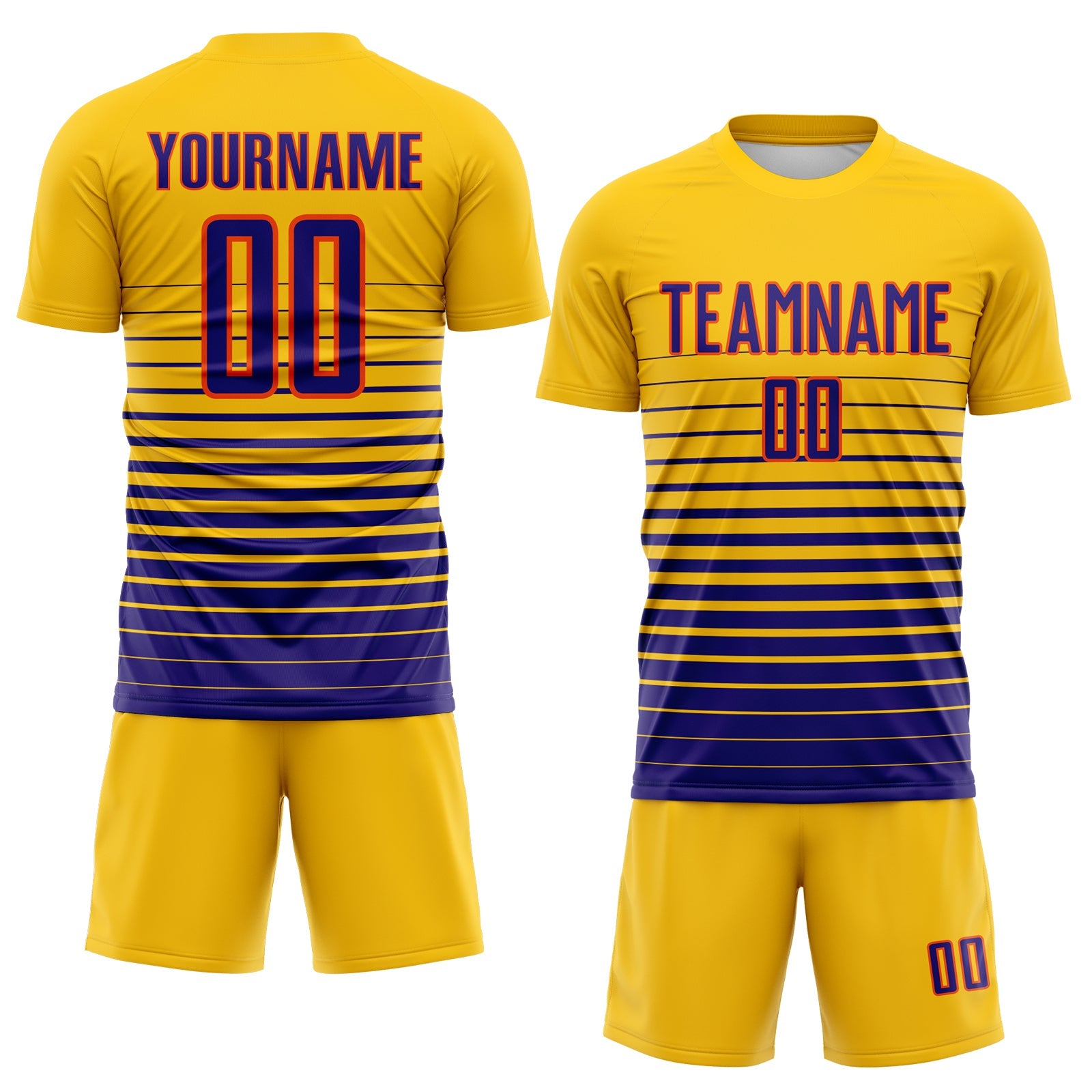 Custom Yellow Dark Purple-Orange Gradient Pinstripe Sublimation Soccer Uniform Jersey view 2