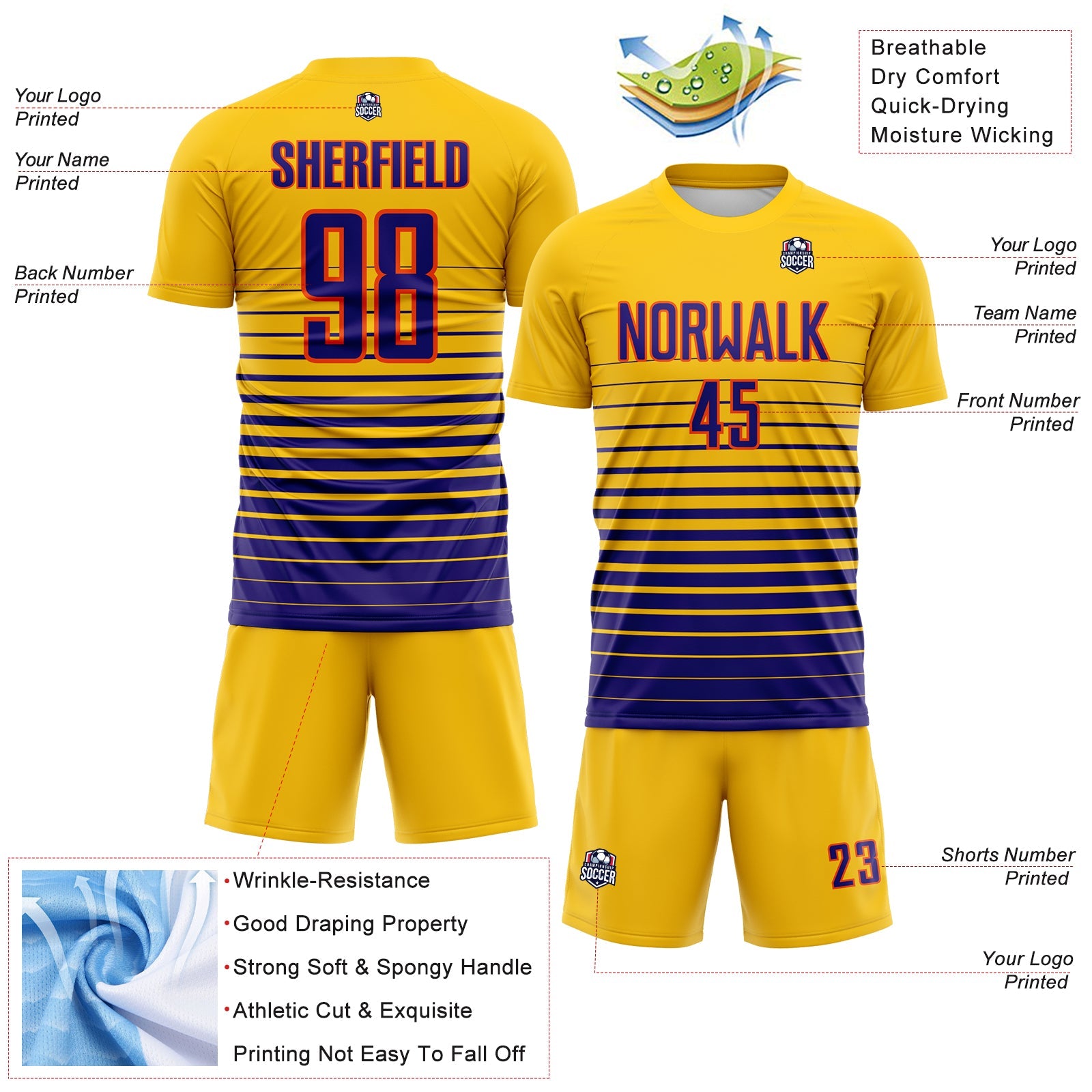 Custom Yellow Dark Purple-Orange Gradient Pinstripe Sublimation Soccer Uniform Jersey view 4