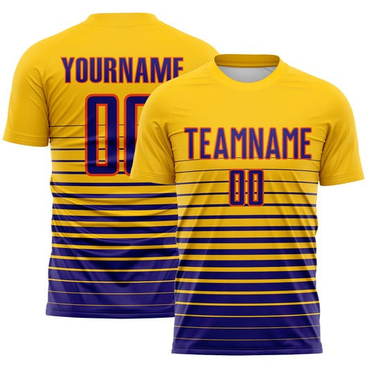 Custom Yellow Dark Purple-Orange Gradient Pinstripe Sublimation Soccer Uniform Jersey - Main View