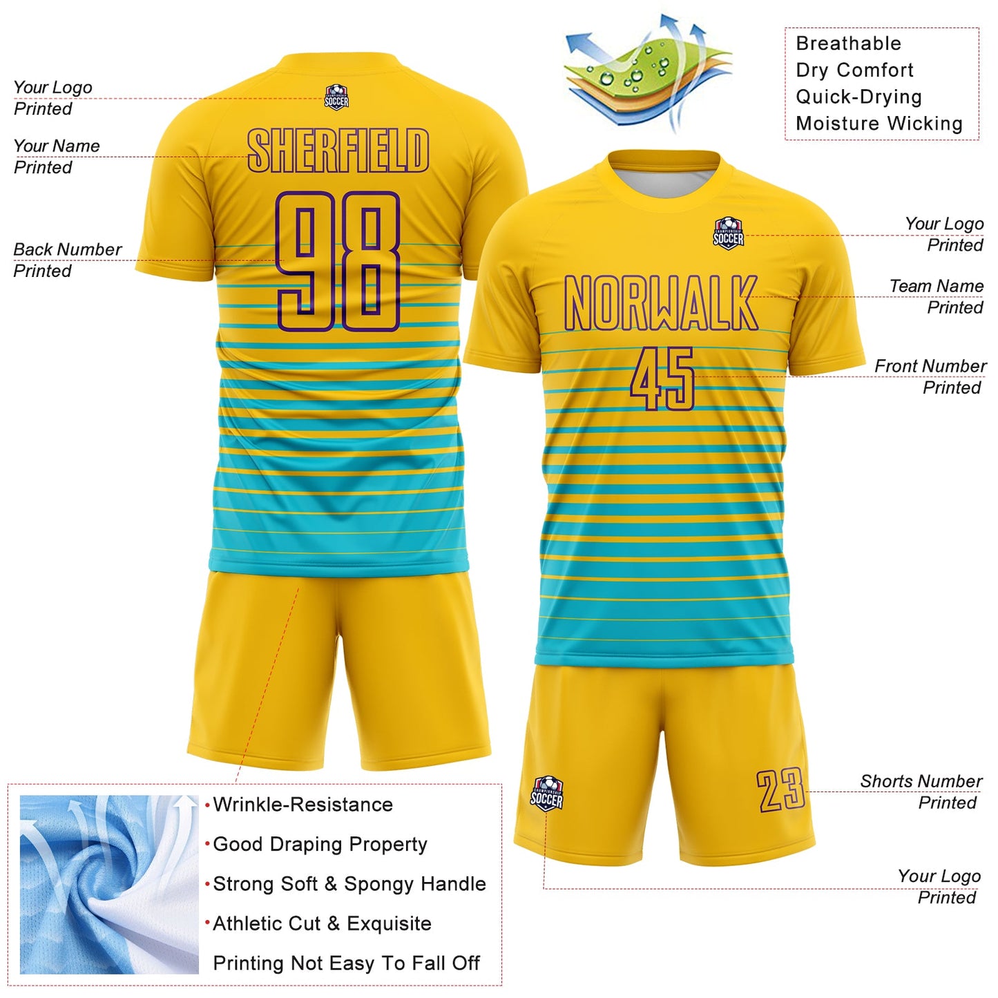 Custom Yellow Purple-Lakes Blue Gradient Pinstripe Sublimation Soccer Uniform Jersey view 4
