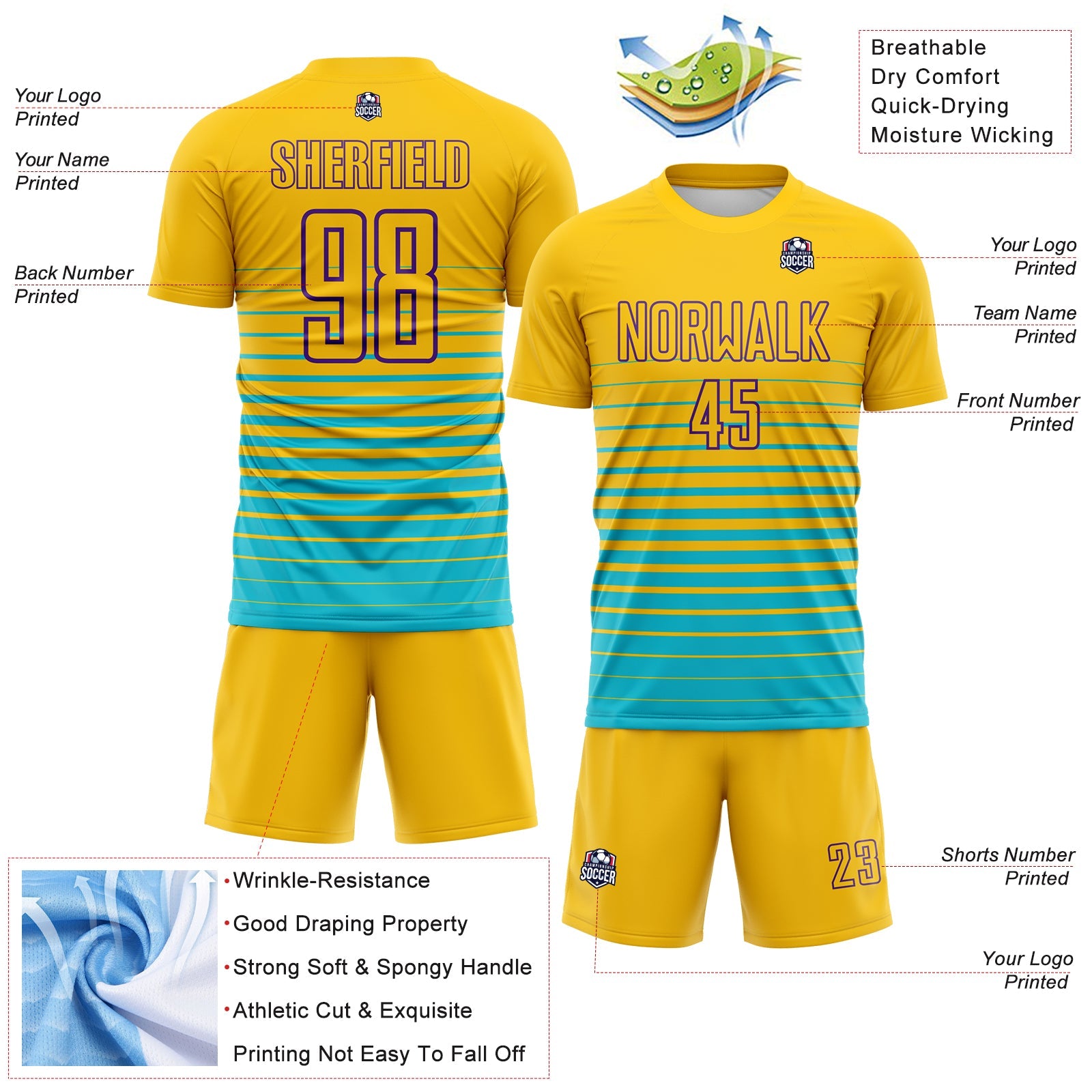 Custom Yellow Purple-Lakes Blue Gradient Pinstripe Sublimation Soccer Uniform Jersey view 4