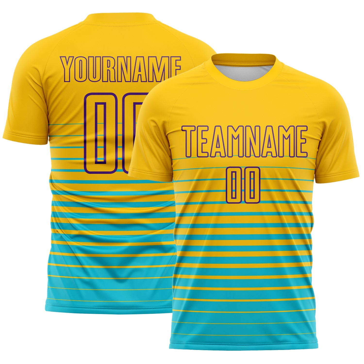 Custom Yellow Purple-Lakes Blue Gradient Pinstripe Sublimation Soccer Uniform Jersey - Main View