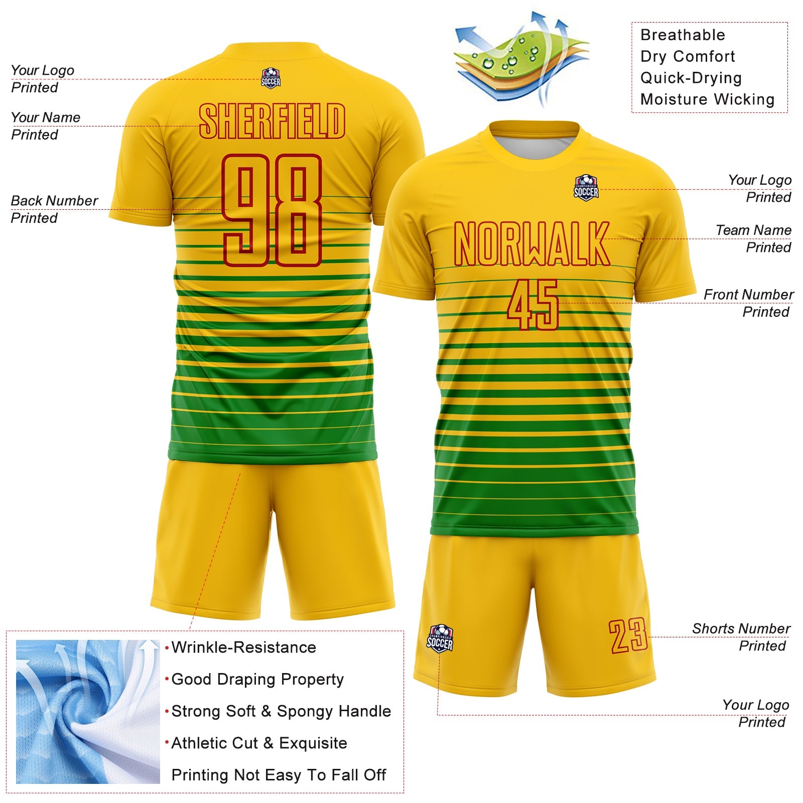 Custom Yellow Red-Grass Green Gradient Pinstripe Sublimation Soccer Uniform Jersey view 4