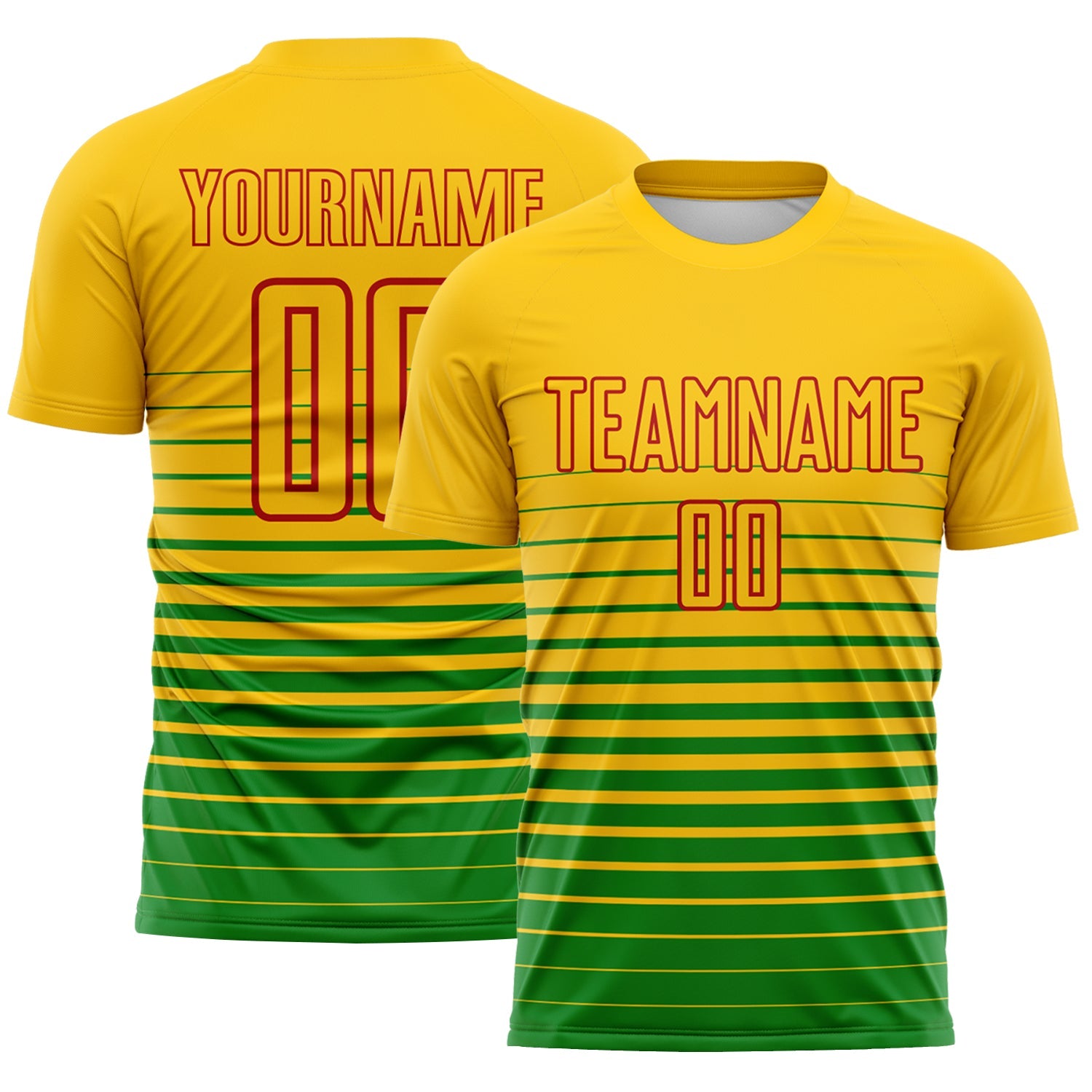 Custom Yellow Red-Grass Green Gradient Pinstripe Sublimation Soccer Uniform Jersey - Main View