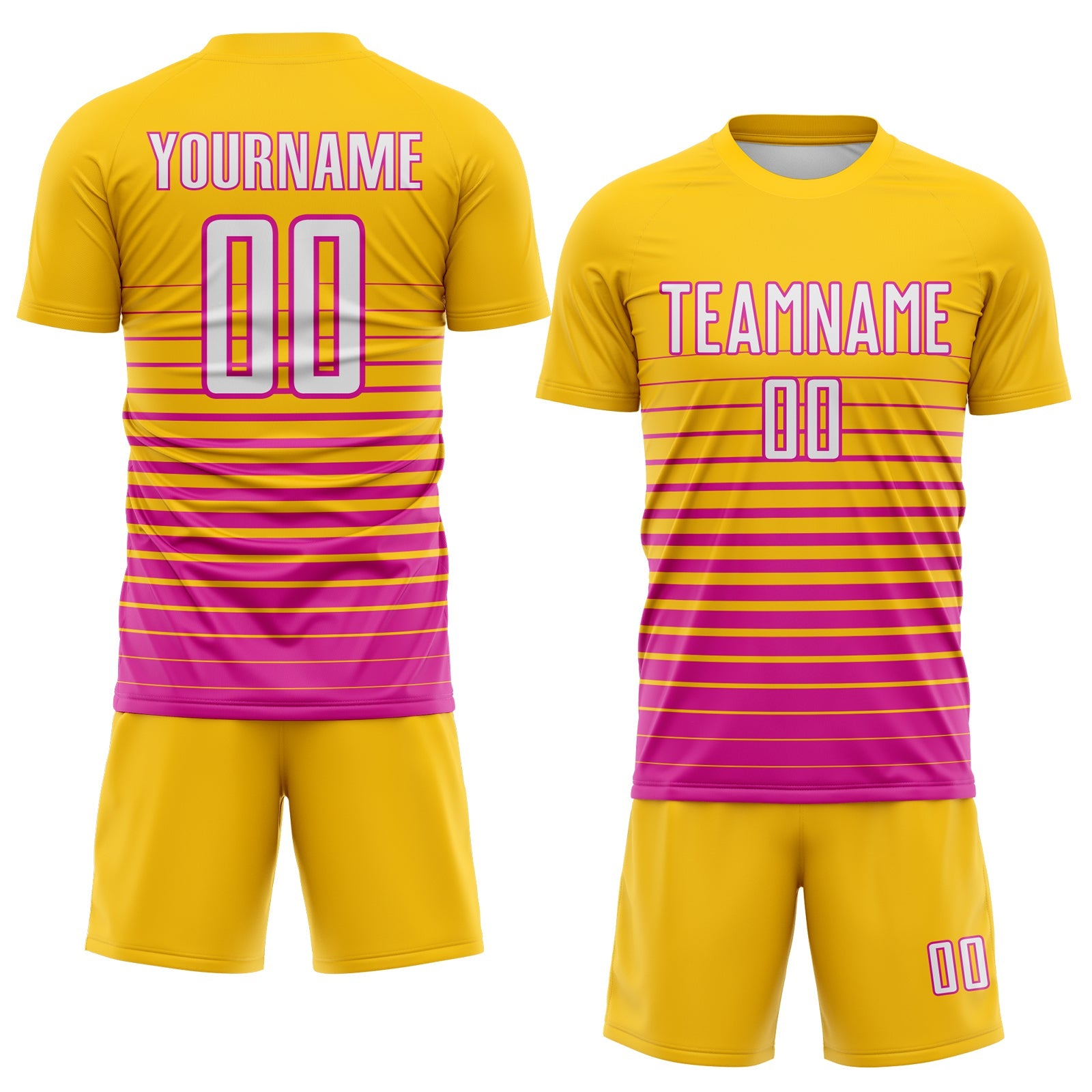 Custom Yellow White-Deep Pink Gradient Pinstripe Sublimation Soccer Uniform Jersey view 2