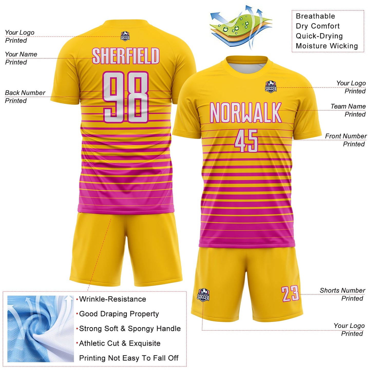 Custom Yellow White-Deep Pink Gradient Pinstripe Sublimation Soccer Uniform Jersey view 4