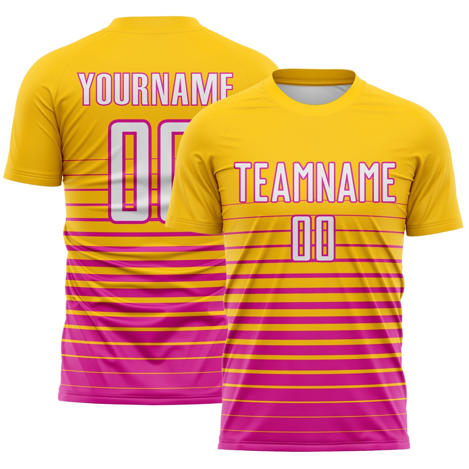 Custom Yellow White-Deep Pink Gradient Pinstripe Sublimation Soccer Uniform Jersey - Main View