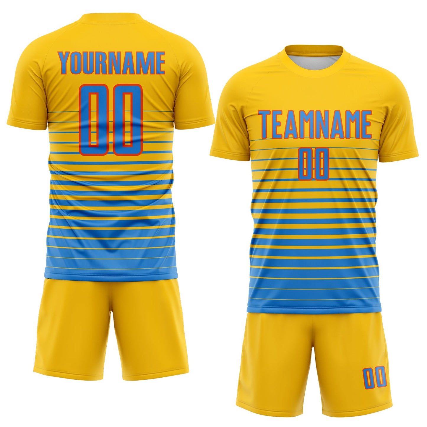 Custom Yellow Powder Blue-Orange Gradient Pinstripe Sublimation Soccer Uniform Jersey view 2