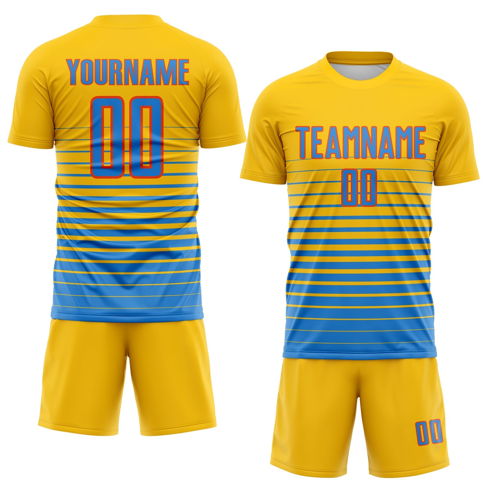 Custom Yellow Powder Blue-Orange Gradient Pinstripe Sublimation Soccer Uniform Jersey view 2