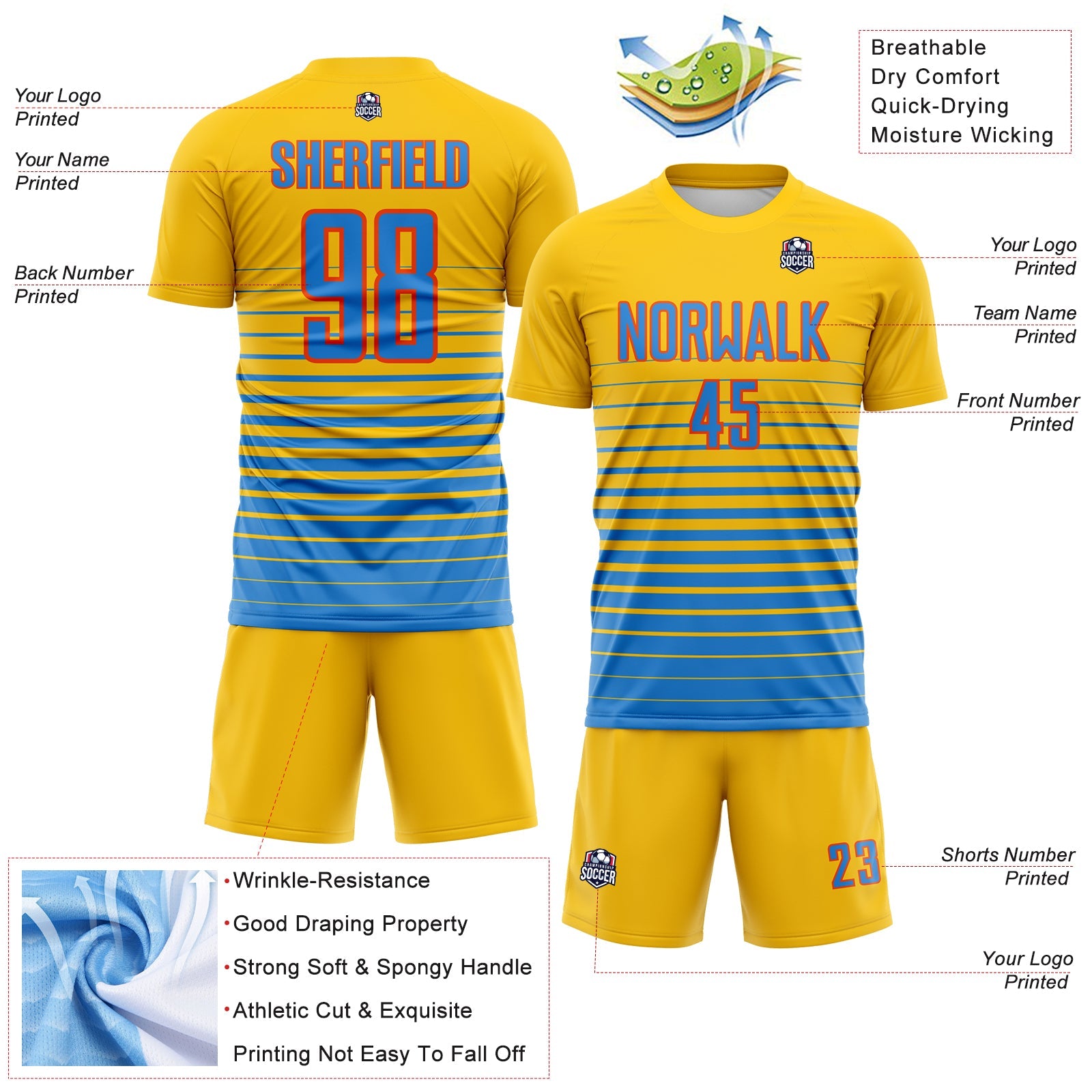 Custom Yellow Powder Blue-Orange Gradient Pinstripe Sublimation Soccer Uniform Jersey view 4