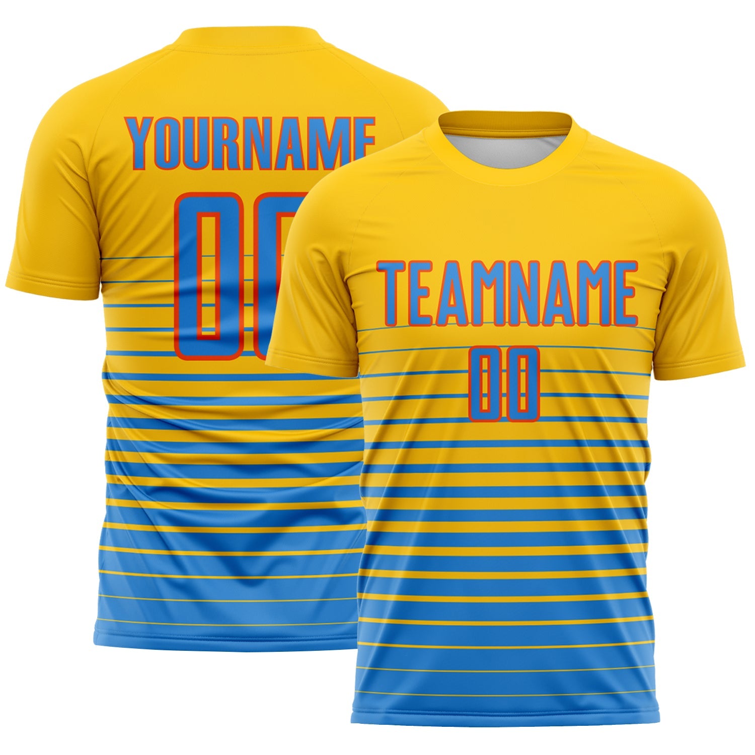 Custom Yellow Powder Blue-Orange Gradient Pinstripe Sublimation Soccer Uniform Jersey - Main View