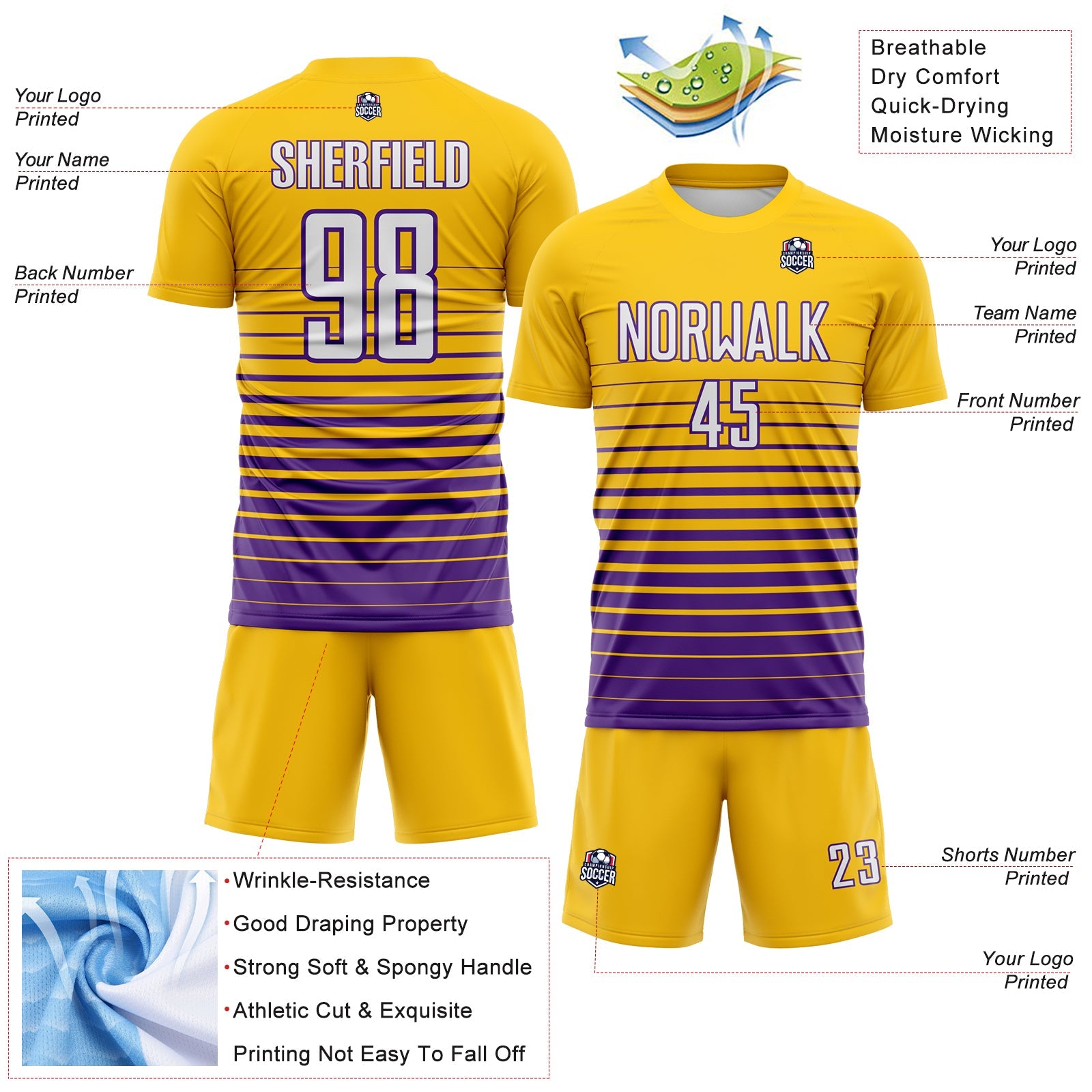 Custom Yellow White-Purple Gradient Pinstripe Sublimation Soccer Uniform Jersey view 4